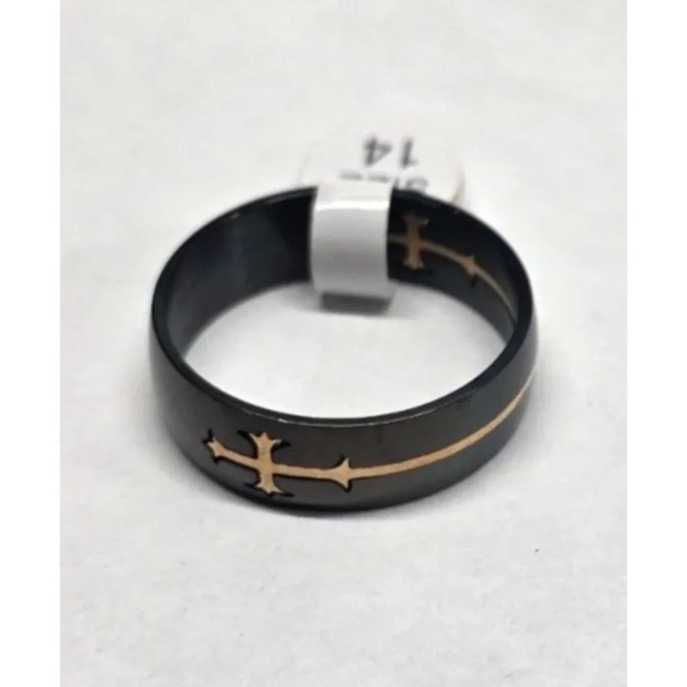 New Black Stainless Steel Ring Gold Tone Cross Inlay Size 14.5 Unisex Band Chris